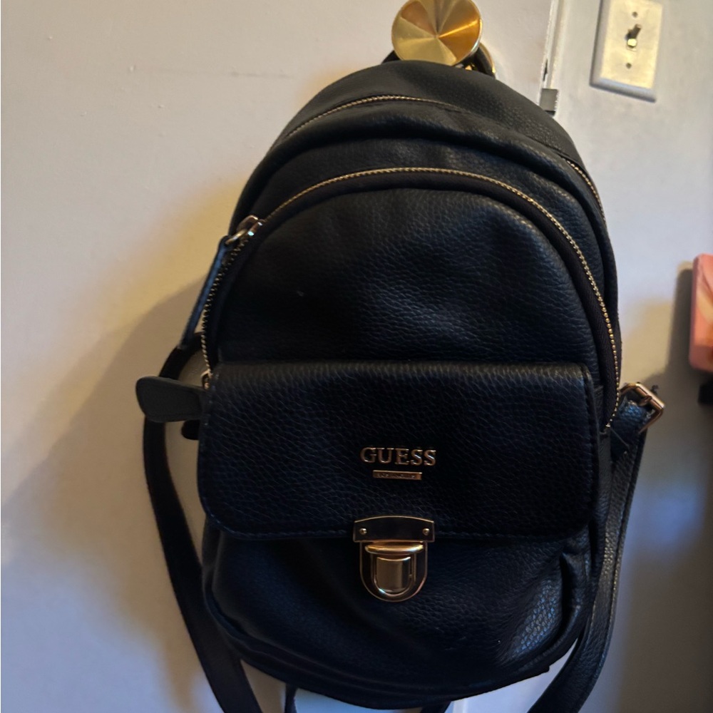 Guess Black Leather Backpack with Gold Accents